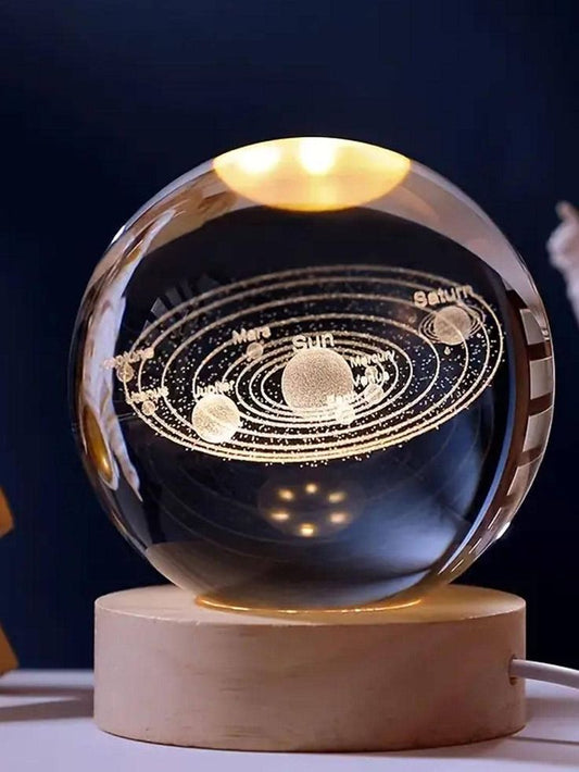 3D Crystal Galaxy Solar System Globe with LED Wooden Base | Luminous Space Decorative Night Light