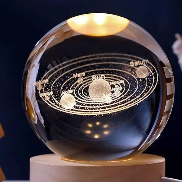 3D Crystal Galaxy Solar System Globe with LED Wooden Base | Luminous Space Decorative Night Light