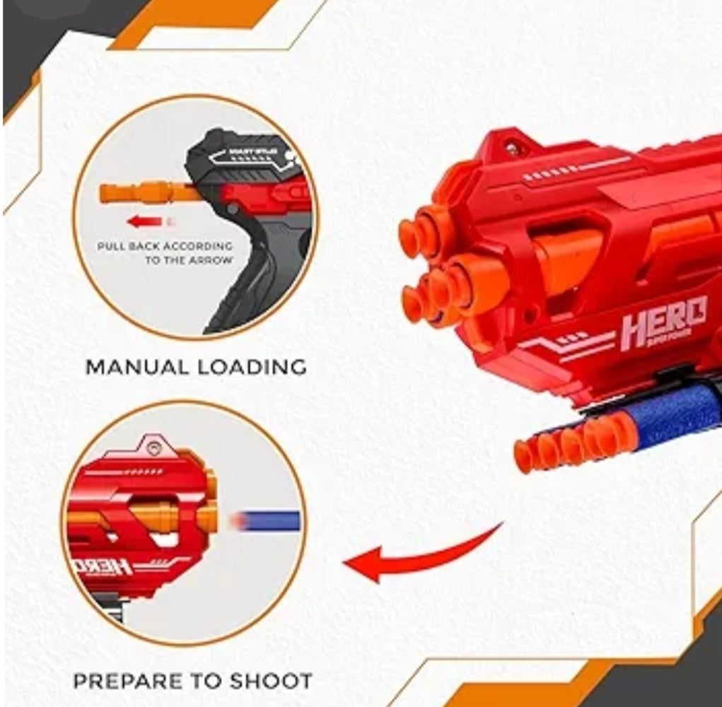 HERO Elite Team Soft Bullet Gun – High-Power Manual Blaster with 8 Foam Darts for Kids